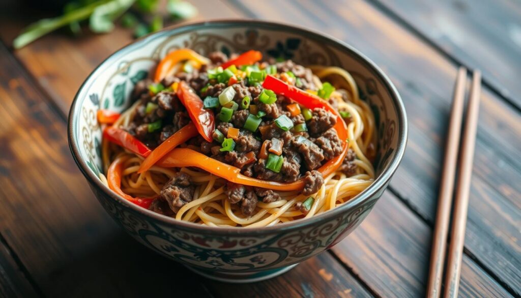 Mongolian Ground Beef Noodle Dish